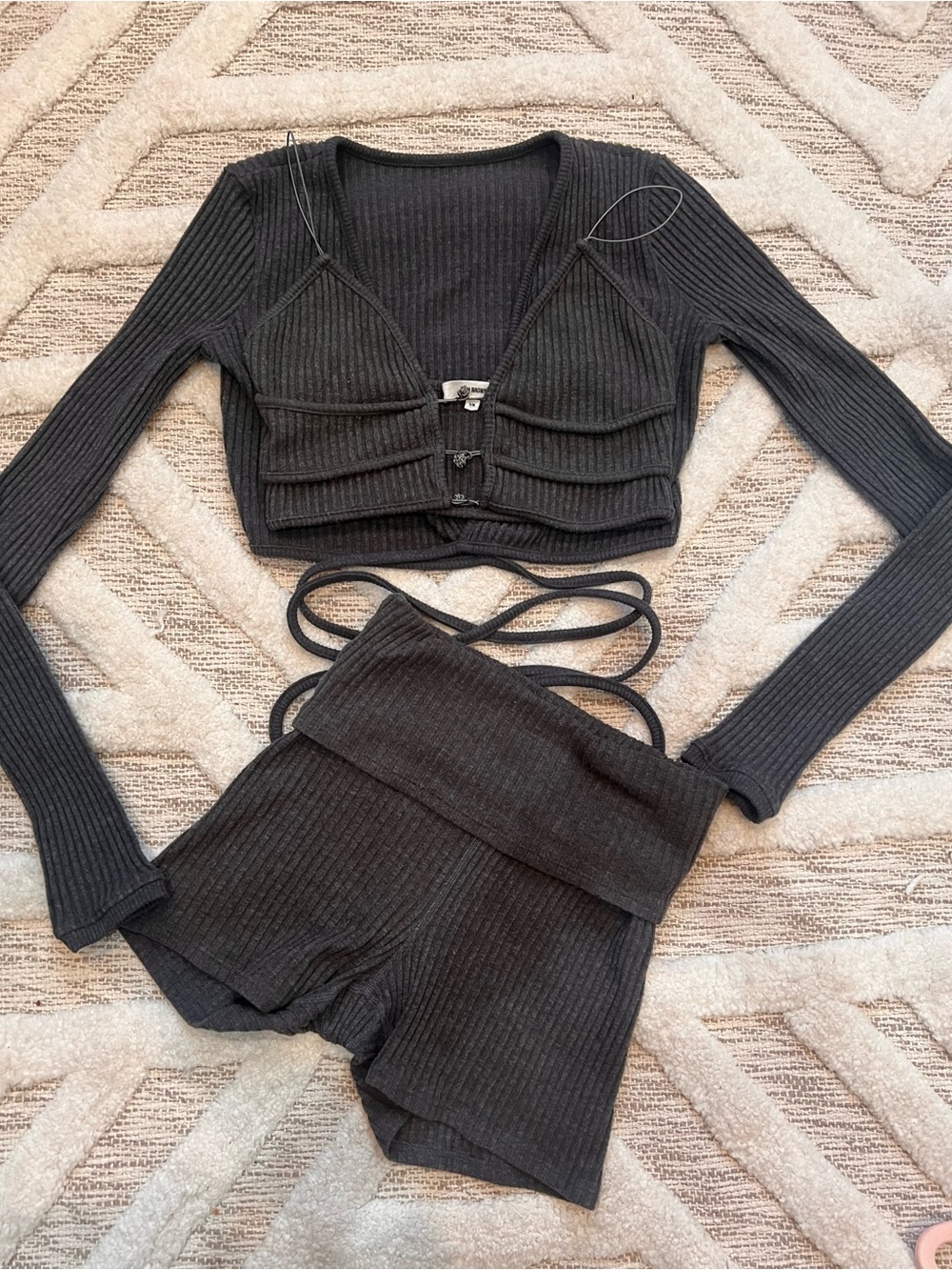 Joah Brown Cropped Triangle Luce Knit Bra Cami S/M Charcoal Grey - Picture 7 of 7
